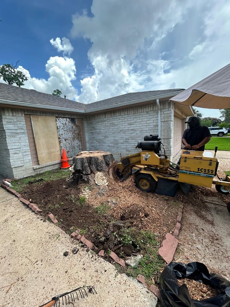 Worker operating small yellow stump grinder near brick house with blue sky and clouds overhead