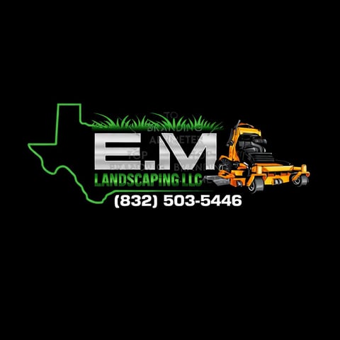 E.M. Landscaping LLC logo with Texas outline, landscaping equipment, and phone number (832) 503-5446