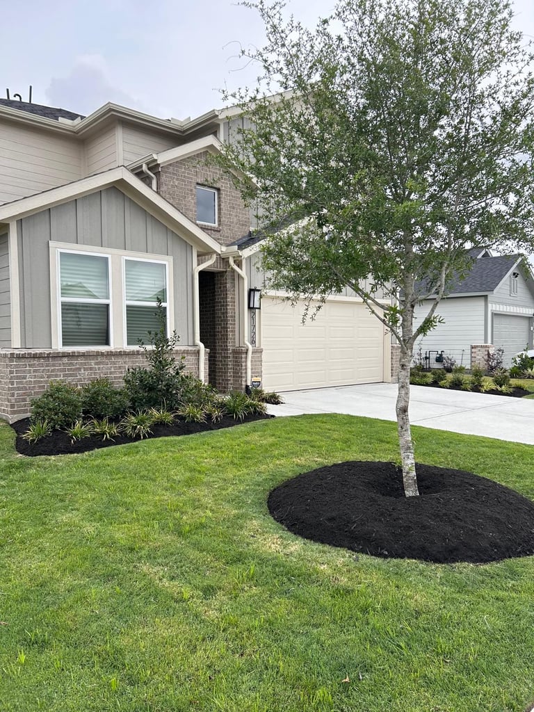 Modern two-story house with brick and siding, white garage door, manicured lawn with young tree and black mulch ring in front yard